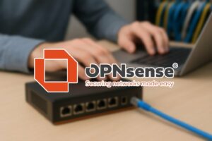 Symbolbild mit Schrift: OPNSense - securing networks made easy